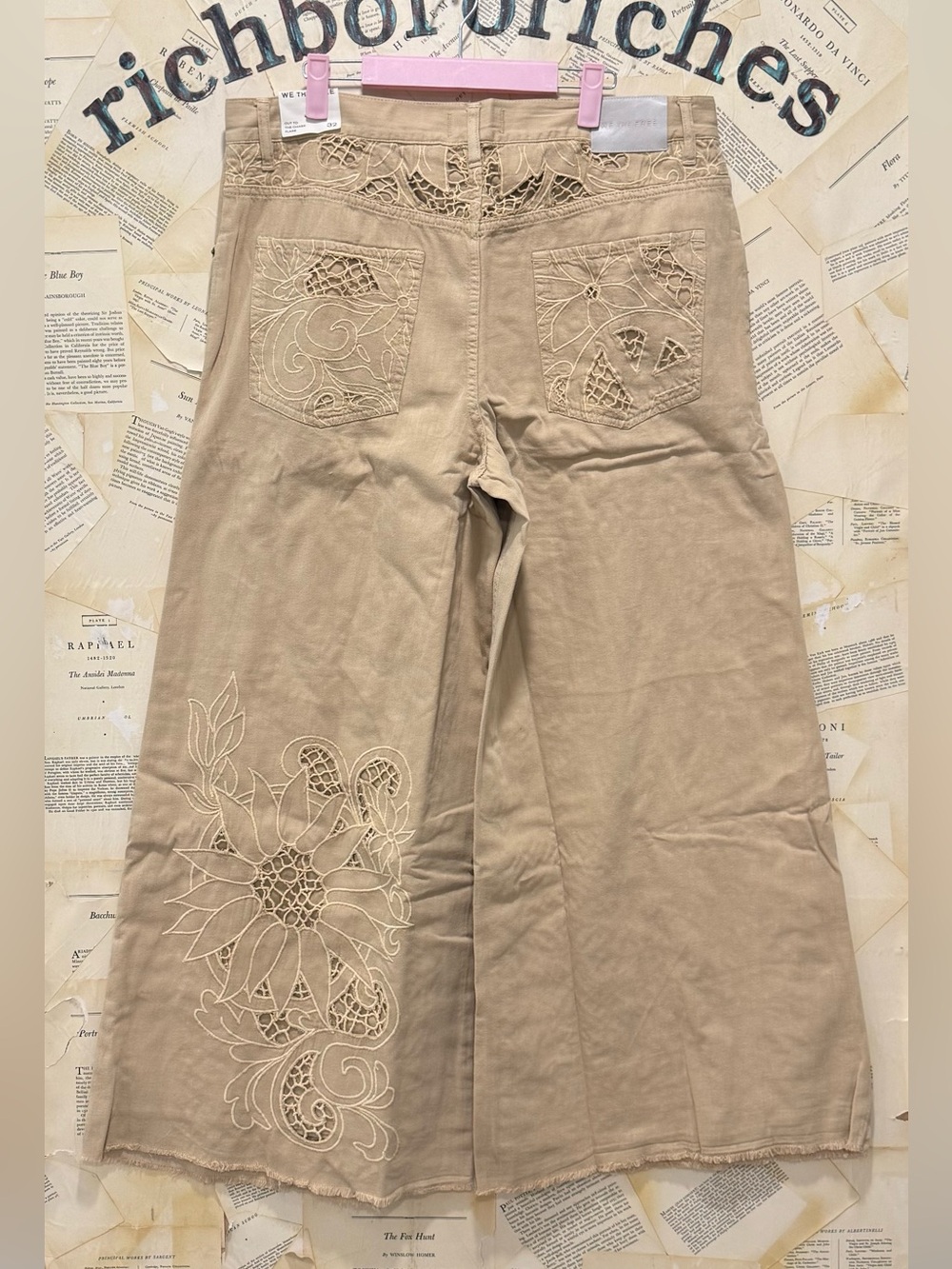 Free People Cut To The Chase Flare Jeans We The Free Embroider Cutwork Lace Tan - Picture 7 of 7